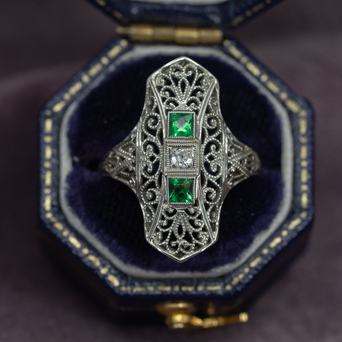 Emeralds & Diamond Filigree Ring