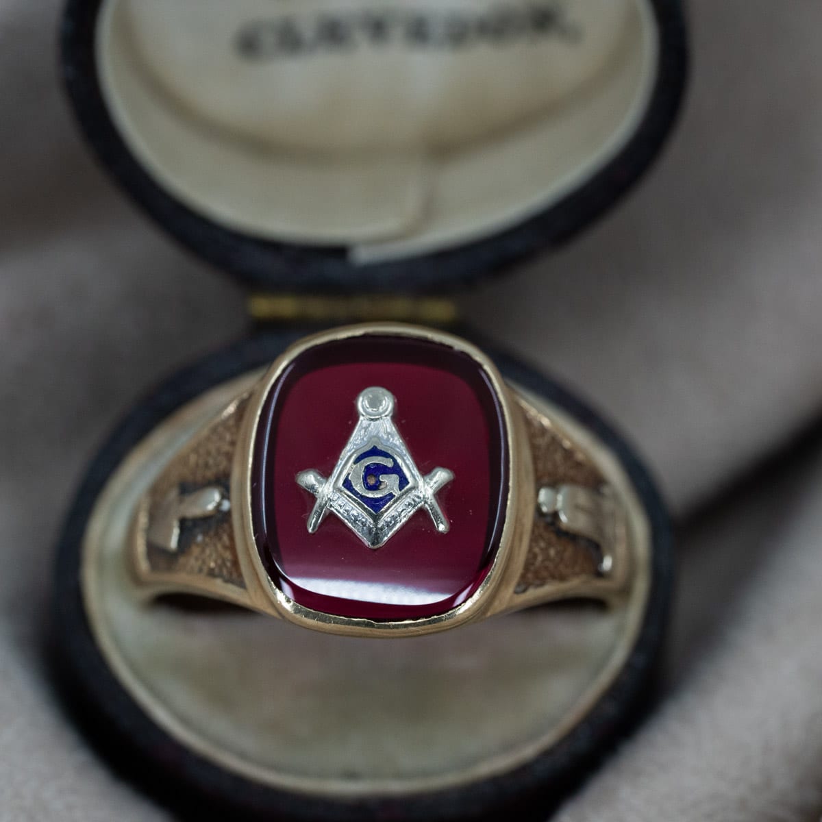 Vintage Masonic Red Glass Ring