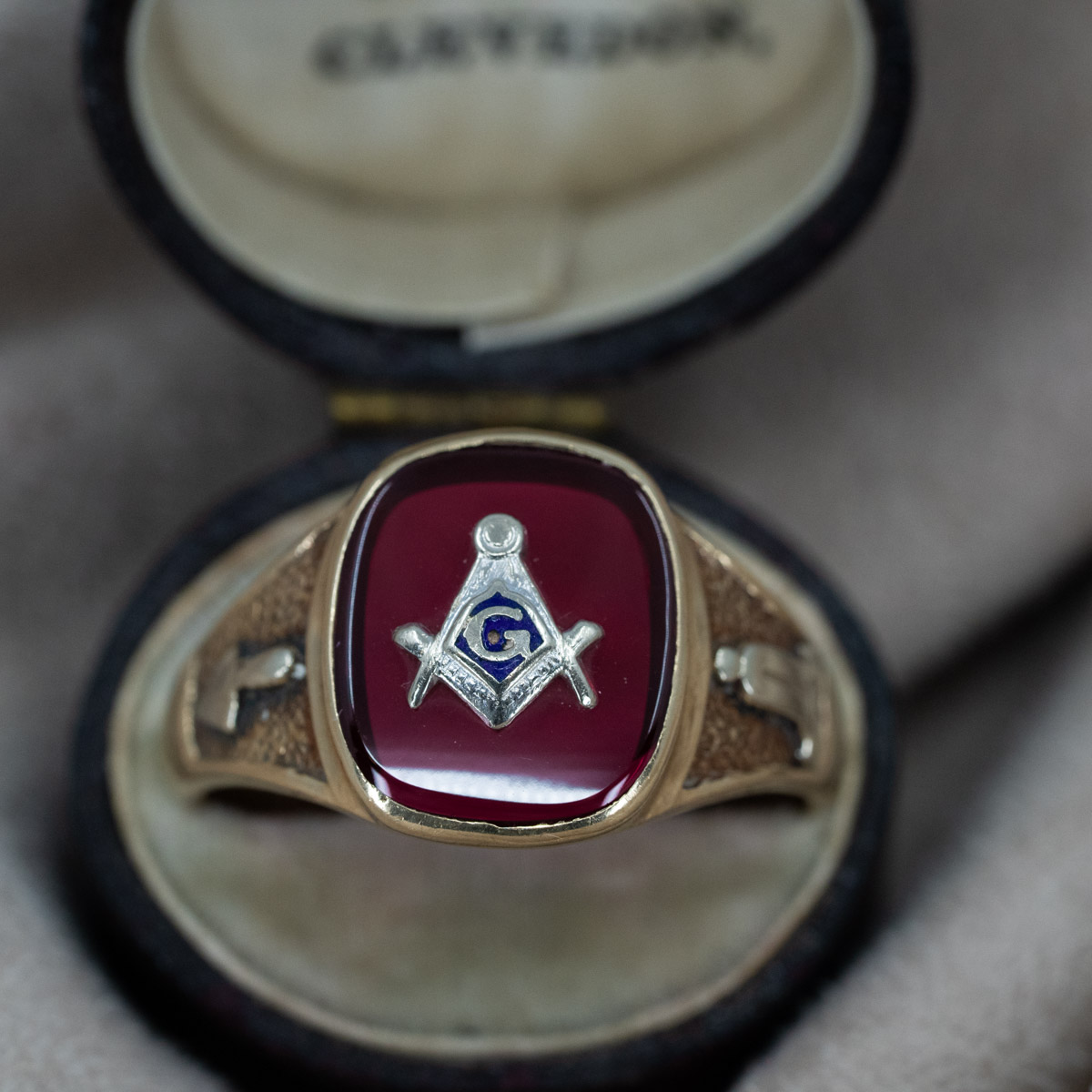 Vintage Masonic Red Glass Ring