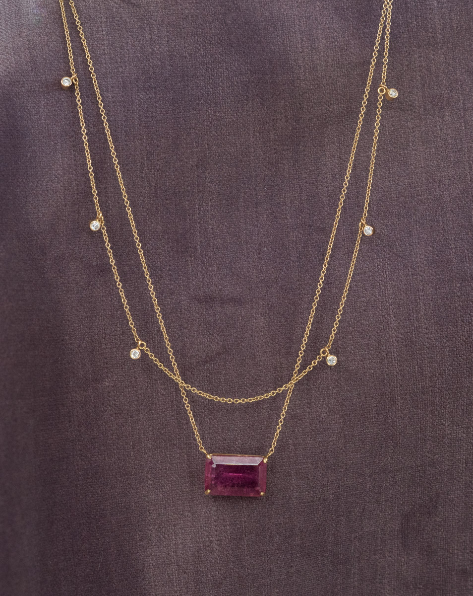 Pink Tourmaline & Double Diamond Strand Necklace