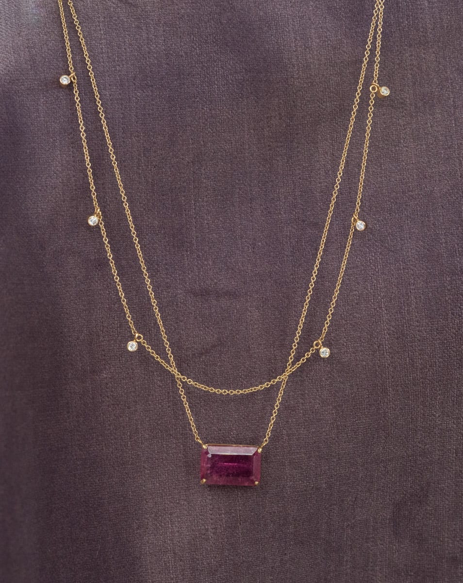 Pink Tourmaline & Double Diamond Strand Necklace