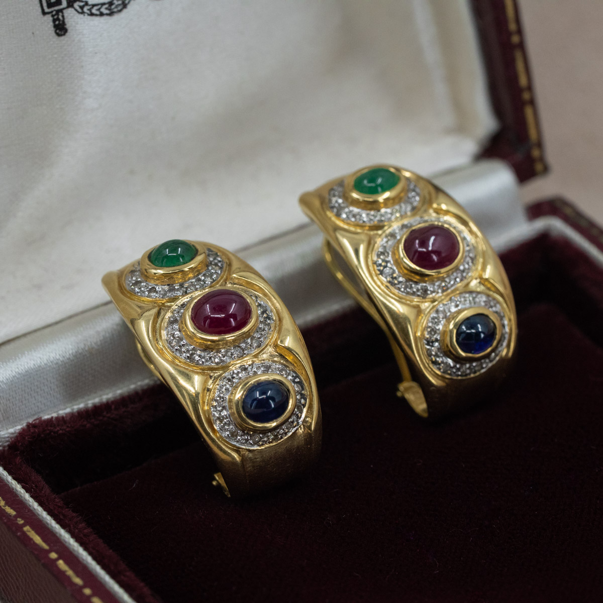 Emerald, Ruby, Sapphire & Diamond Lever Back Earrings