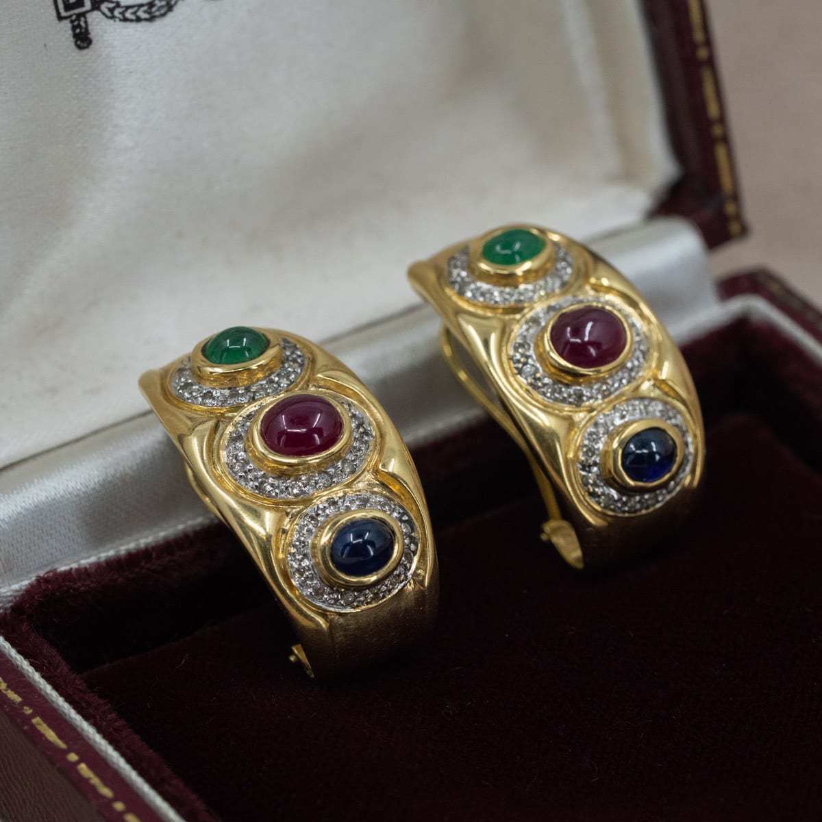 Emerald, Ruby, Sapphire & Diamond Lever Back Earrings
