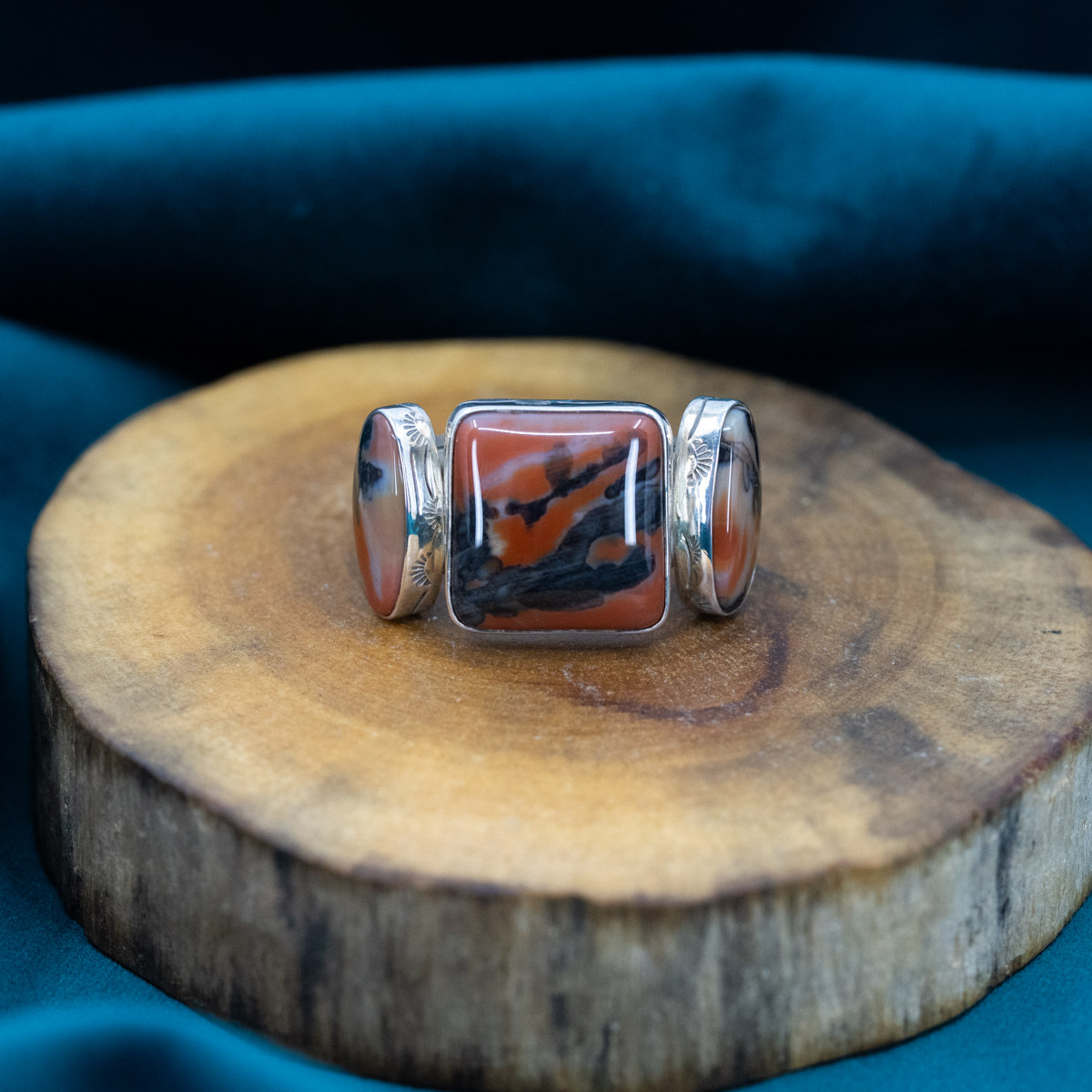 Rainbow Petrified Wood Triptych Ring