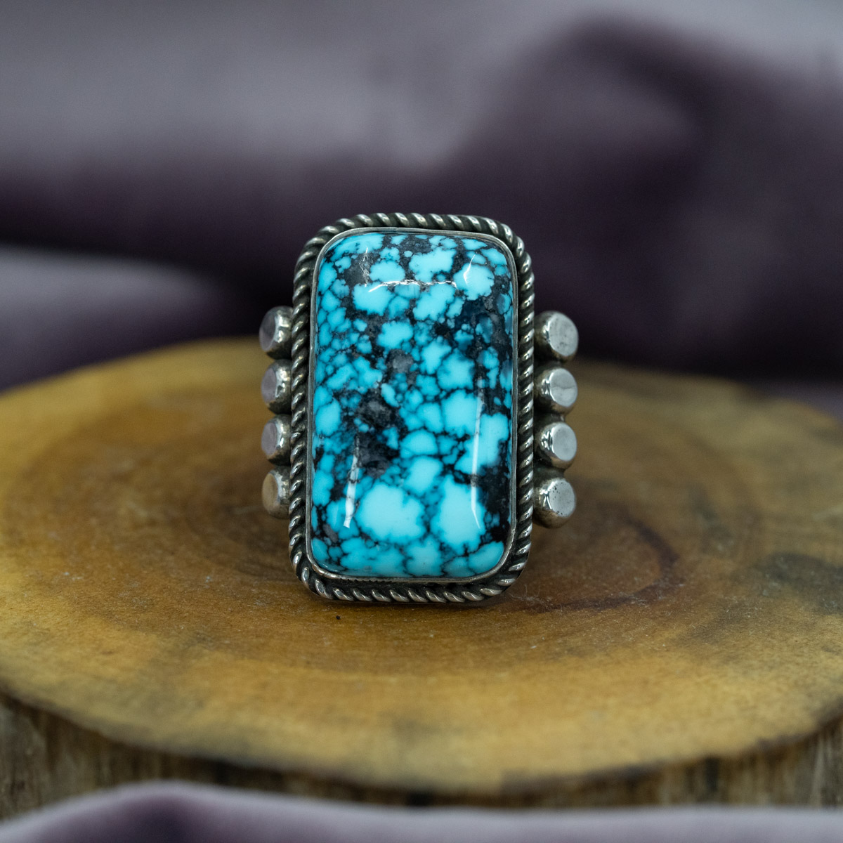 Kingman Black Webbed Turquoise Rectangle Ring