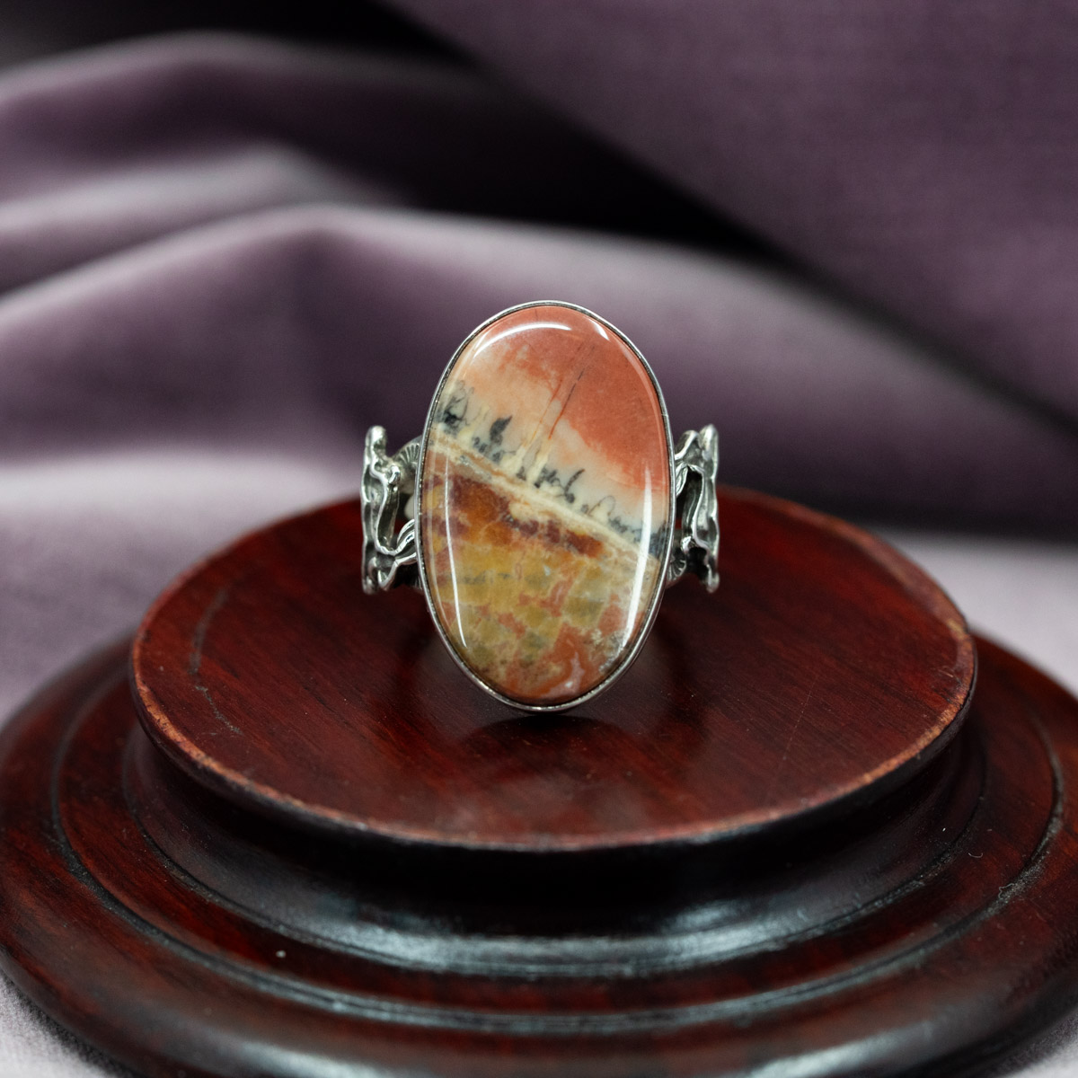 Rainbow Petrified Wood & Rabbit Ring