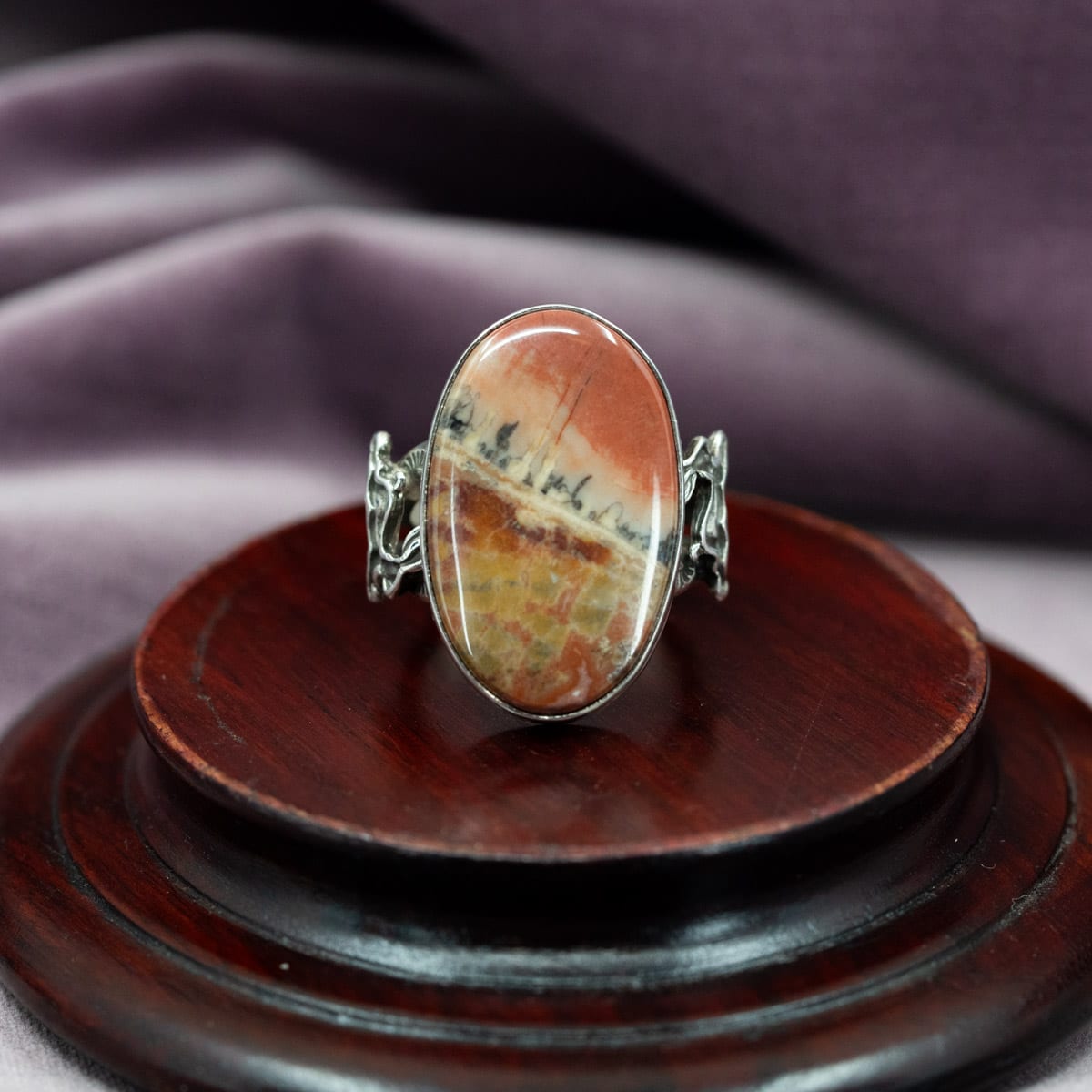 Rainbow Petrified Wood & Rabbit Ring