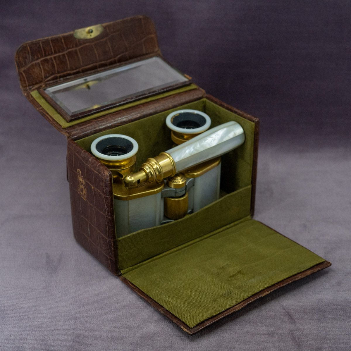 Carl Zeiss Mother of Pearl Opera Glasses & Crocodile Case Set