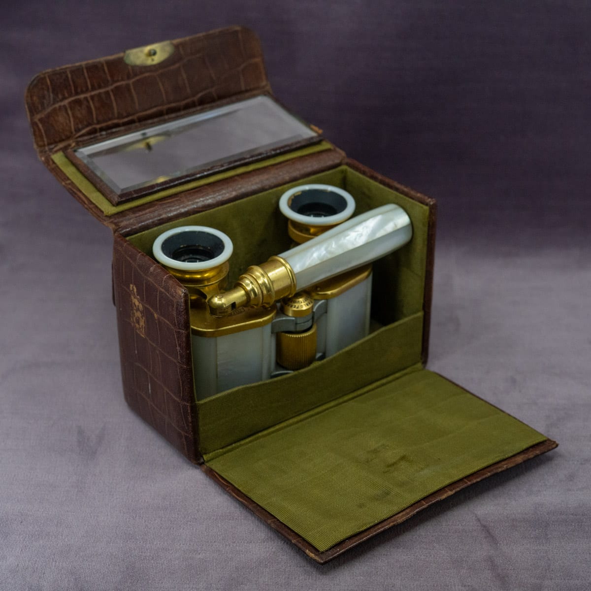 Carl Zeiss Mother of Pearl Opera Glasses & Crocodile Case Set