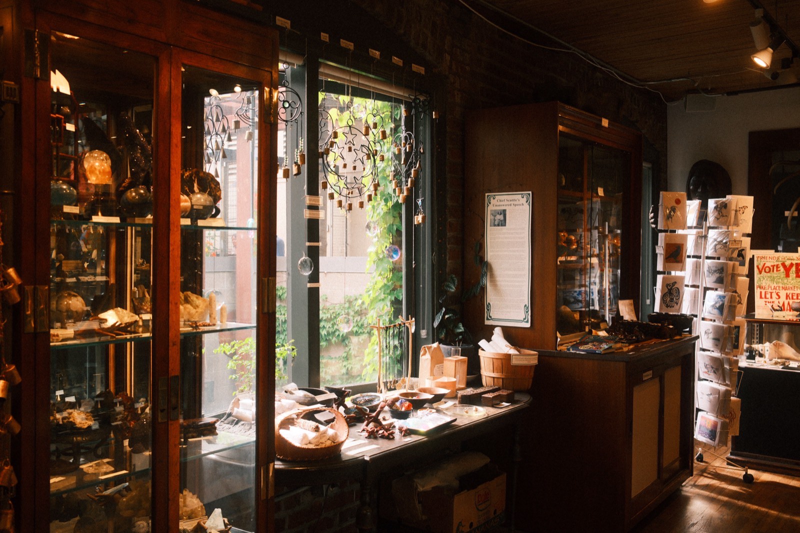Stone specimens and curiosities on a sunlit windowsill at The Raven's Nest